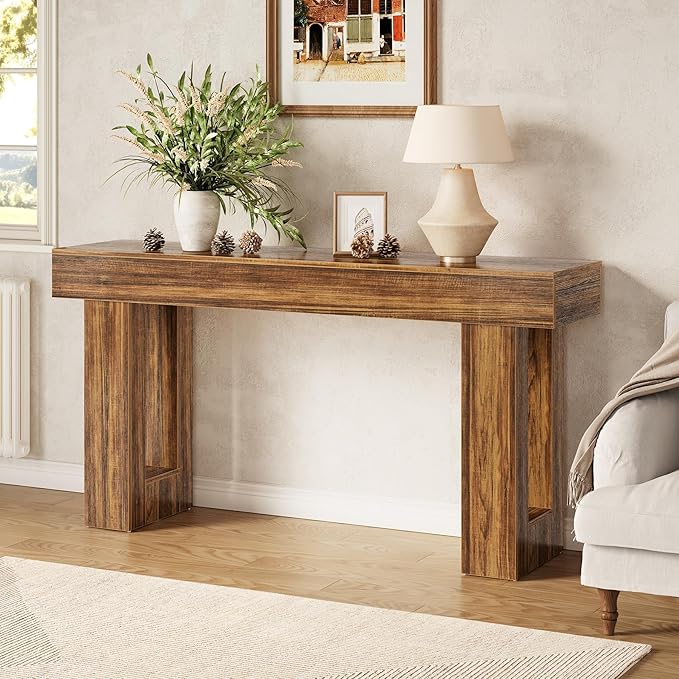 LITTLE TREE 63-Inch Long Console Tables for Entryway, Large Sofa Table Behind Couch, Wooden Entry Foyer Hallway Table, Industrial Console Sofa Tables for Living Room, Rustic Brown