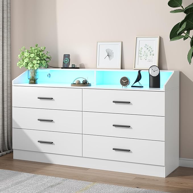6 Drawer Dresser with Power Outlet, Chest of Drawers with LED Light, Modern Dresser with Open Storage Cubby, Double Wide Dressers Organizer for Bedroom, Living Room, Entryway, Hallway