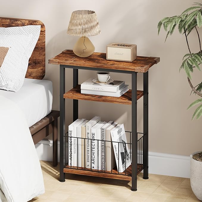 Heybly Small Narrow Side Table for Small Space, Thin Bedside Table with Storage Basket, Skinny End Table, 25.2" Tall Nightstand, Couch Table for Living Room, Bedroom, Study, Rustic Brown, HET004SR1