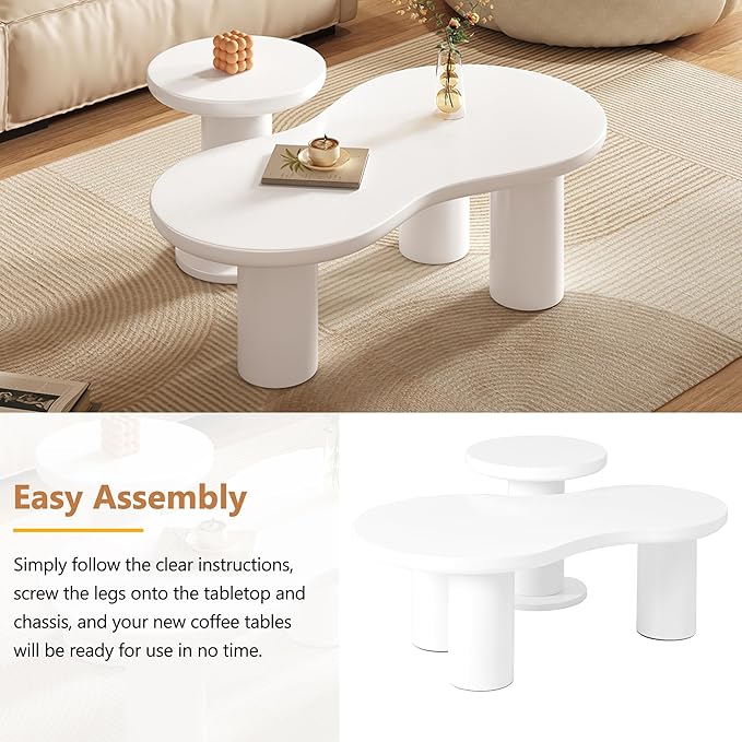 GDFStudio 39.3'' Nesting Coffee Table Set of 2,Cloud-Shaped & Round Side Tables, Minimalist Irregular Center Table with Sturdy Legs for Living Room,Easy Assembly,White