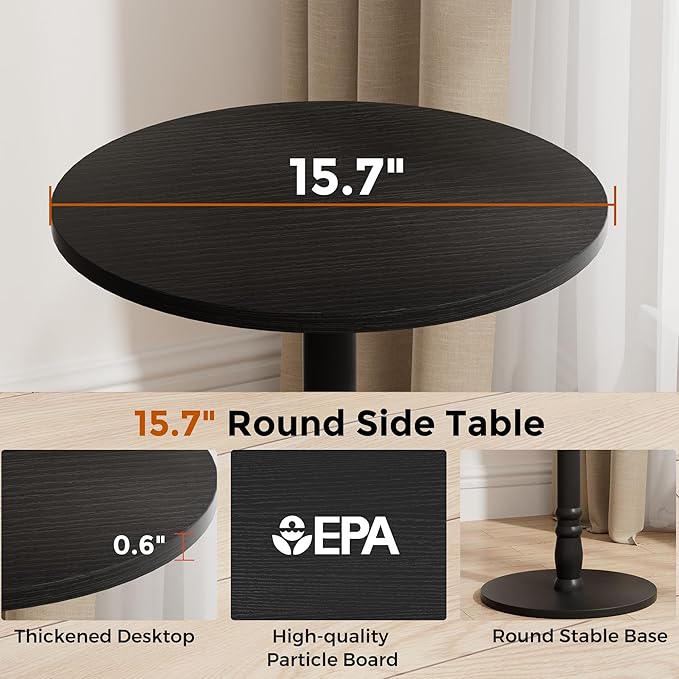 Round Side Table, Solid Wood Pillar, Large 15.7" Top, Small Accent Table for Living Room, Bedroom, Sofa, Entryway & Office, Easy Assembly, Black