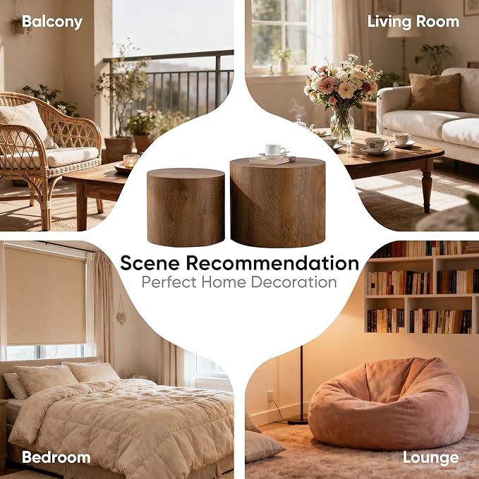 Nesting Round Coffee Table Set of 2, Small Circle Accent End Table for Small Spaces, Morden Drum Side Table, Wooden Center Table for Living Room, Fully Assembled - Light Walnut