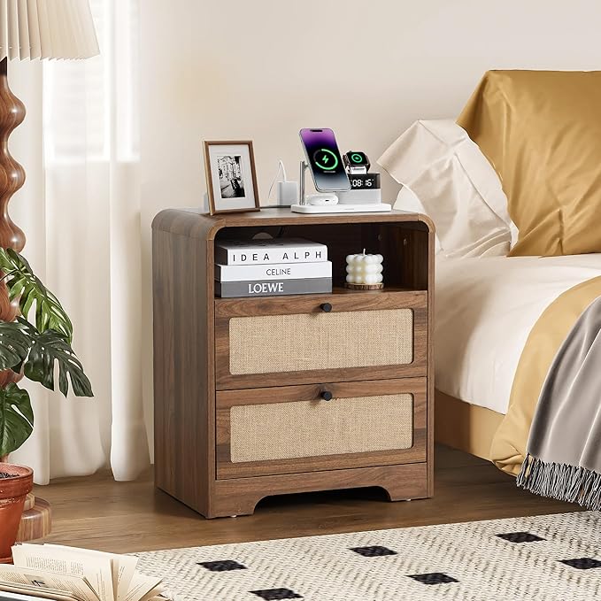 20" Wood Nightstand wiht 2 Drawer & Charging Station, Mid-Century Farmhouse Bedside End Table with Linen Decor, 2AC+USB+Type-C Port, Side Table with Storage for Livng Room (Walnut-charging)