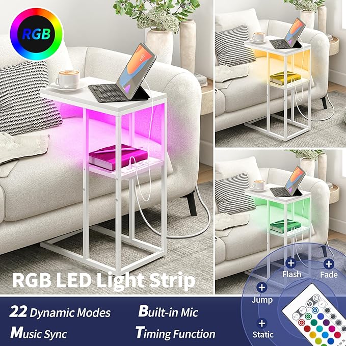 Yoobure LED C Shaped End Table with Charging Station, Small Side Tables for Living Room Bedroom, TV Tray Table with USB Ports and Outlets for Small Spaces, C Table for Couch Sofa, Bed Side Table