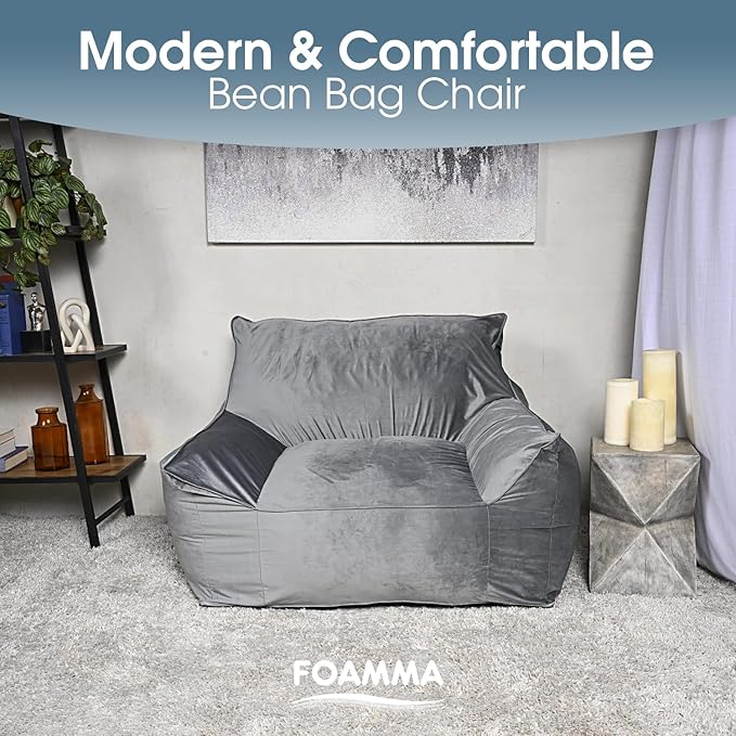 Foamma Bean Bag Chair for Kids & Adults, Grey - Single Person Bean Bag Chair with Armrests, High-Density Foam, Cozy and Plush Reading Seat, Ideal for Bedroom and Relaxation