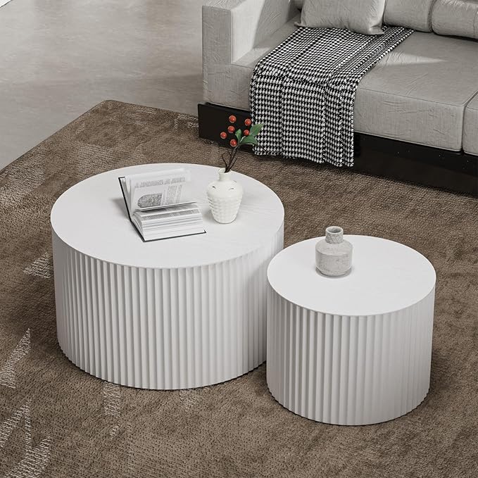 Round Nesting Coffee Table Set of 2 Handcraft Circle Fluted Nesting Coffee Tables Circular Side Table Drum Accent End Tables for Living Room Bedroom (White A Small)