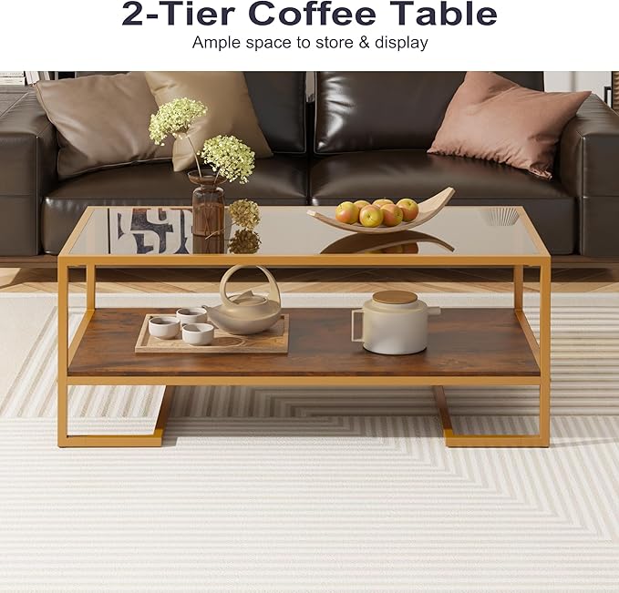 Coffee Table, 2 Tier Tempered Glass Coffee Table, Rectangle Modern Center Table with Metal Frame, Glass Accent Table Open Storage Shelf for Living Room, Office, Brown