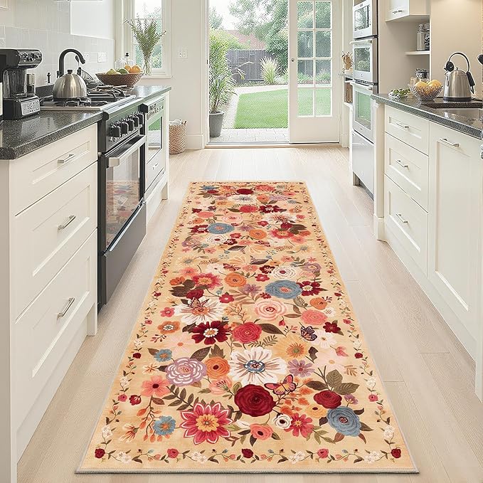 Rug for Hallways Kitchen Rug 2x6, Non Slip Washable Rugs with Rubber Backing Soft Floral Carpet Runner for Hallways, Kitchen, Laundry, Bedroom, Bathroom(Yellow Garden, 2 x 6)