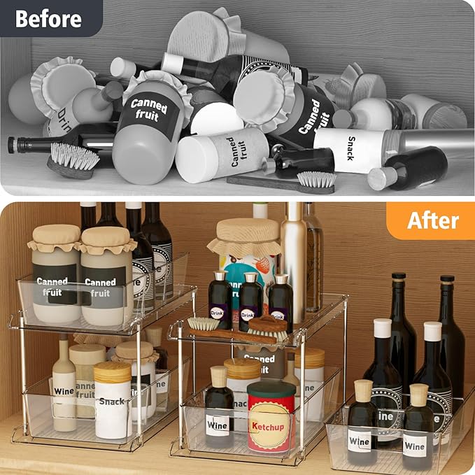 Pull-Out Home Organizer, 2 Pack 2 Tier Clear Bathroom Organizer with Dividers, Multipurpose Vanity Counter Tray, Kitchen, Closet Organizers, Cabinet & Storage Container Bins