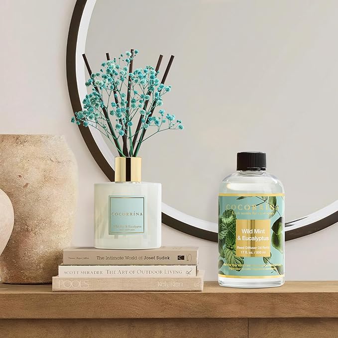 Cocorrína Reed Diffuser Refill Wild Mint & Eucalyptus 17oz (500ml) with 8 Sticks - Premium Long-Lasting Scented Oil, Home Fragrance for Bedroom, Bathroom Home Decor