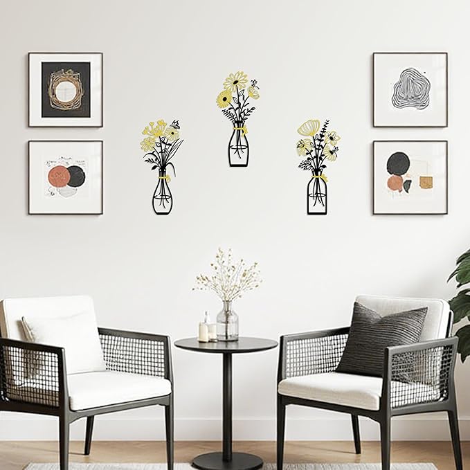 Iron Metal Vase Flower Wall Art Set of 3 - Minimalist Black Floral Decor for Living Room Bedroom Kitchen, Office Garden - Modern Farmhouse Home Decor & Housewarming Gifts (Black-Golden)