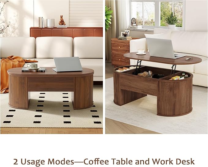 ORRD Lift Top Coffee Table, Fluted Coffee Table with Lifting Top, Wooden Lift Up Dining Table with Hidden Compartment, Center Table for Living Room, Office - Walnut