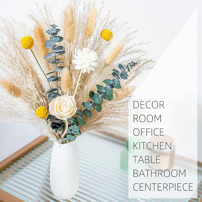 Dried Flowers kit Reed Diffuser for Home Decor (White Ceramic Vase Included) Boho Decor , Eucalyptus Pampas Grass Bunny Tail Arrangements,Table Room Decor Wedding Party Birthday