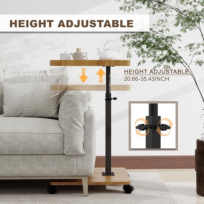 C Shaped End Table Adjustable Height, Couch Tables That Slide Under with Wheels, 360° Swivel C Side Table for Couch, Sofa, Living Room, Bedroom, Small Spaces (Wooden Veneer)
