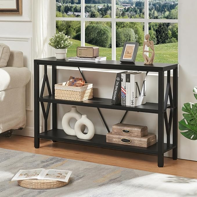 HOMISSUE Sofa Console Table, Rustic Console Table with 3-Tier Storage, Engineered Wood Sofa Tables with Open Shelves, Heavy Duty Entryway Tables for Living Room, Hallway (47 Inch, Black)