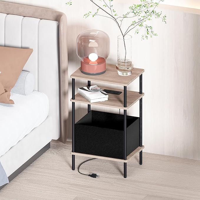 Small Side Table with Charging Station, End Table for Small Spaces, Slim Nightstand with Outlet,Sofa Beside Table, 3-Tier Storage Shelf,Living Room, Bed Room, Natrual Walnut