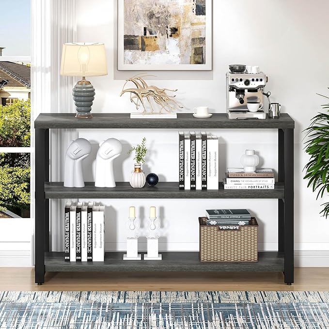 EXCEFUR Rustic Console Tables for Entryway, Sofa Table with 3 Tier Storage Shelves, Couch Table for Living Room Hallway, Industrial Grey