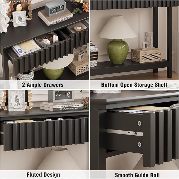 Fluted Console Table with 2 Drawers Narrow Sofa Table with Open Storage Shelf Modern Behind Couch Tables Long Entryway Table for Foyer Hallway