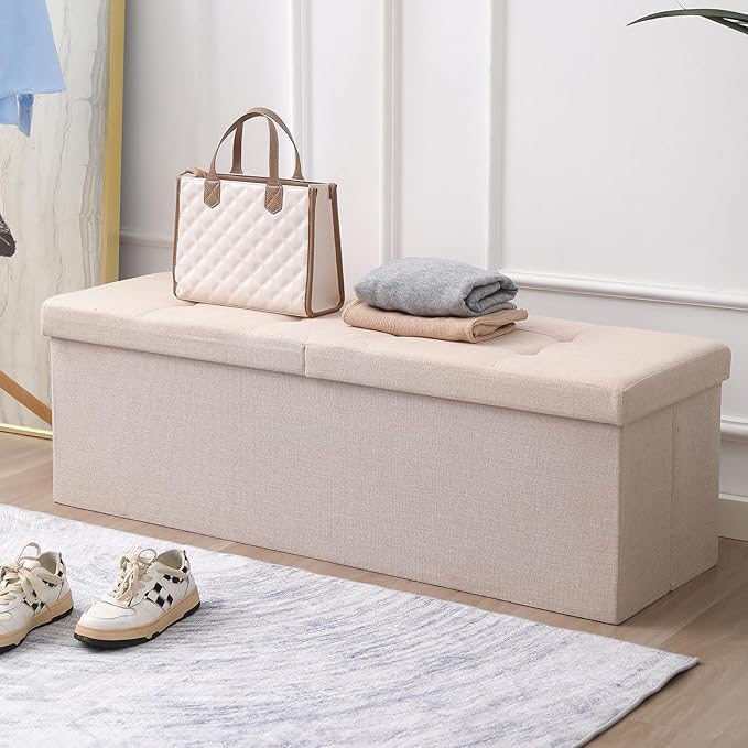 CUYOCA 45.3 Inches Storage Ottoman Bench Foldable Seat Footrest Shoe Bench End of Bed Storage with Flipping Lid, 166L Storage Space, Linen Fabric Pink