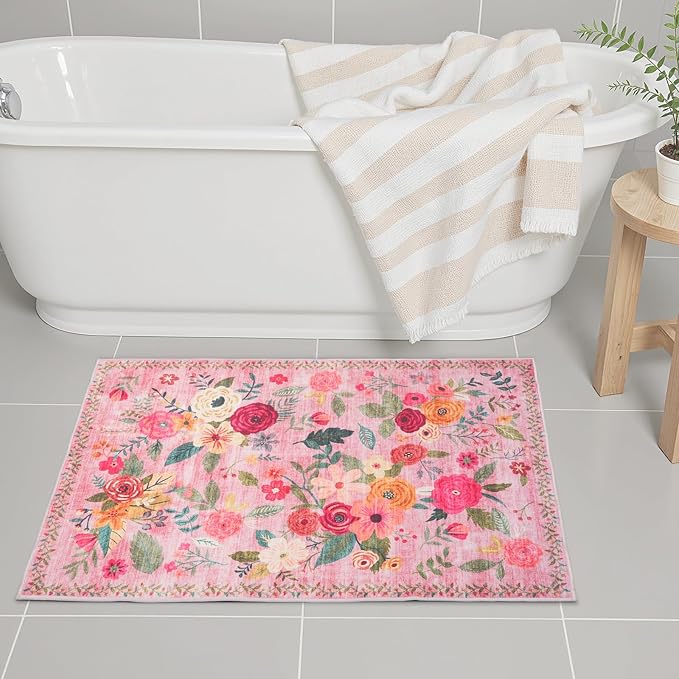 Pink Area Rugs 24x17 Inch Home Decor Entry Rug, Small Door Mat Bath Mats for Bathroom, Ultra-Thin Non Slip Floral Low Pile Tub Mat for Sink Shower Doorway Tub Kitchen Sink(2 x 1.4 ft, Pink Lawn)
