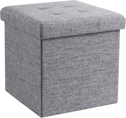 Ornavo Home Foldable Tufted Linen Storage Ottoman Square Cube Foot Rest Stool/Seat - 15" x 15" x 15" (Grey)