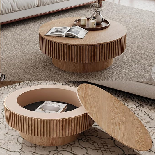 31.5 Inch Round Drum Coffee Table with Storage, Modern Handcraft Fluted Drum Coffee Table, Wooden Round Coffee Table Center Table with Sturdy Pedestal for Living Room Apartment (Natural)