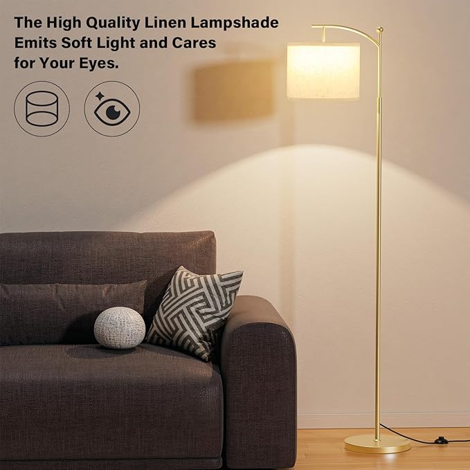 60" Floor Lamp With 3 Color Temperatures, Adjustable Beige Shade, Gold Pole - Tall Lamp for Living Room, Bedroom, Office, Classroom, Dorm - 9W Bulb Included