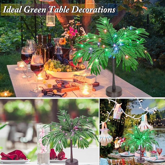 18 Color Changing Lighted Palm Tree Table Decor, 23 in Tropical Artificial Palm Tree Lights Branches Battery USB Powered, LED Table Centerpiece for Luau Summer Hawaiian Party Home