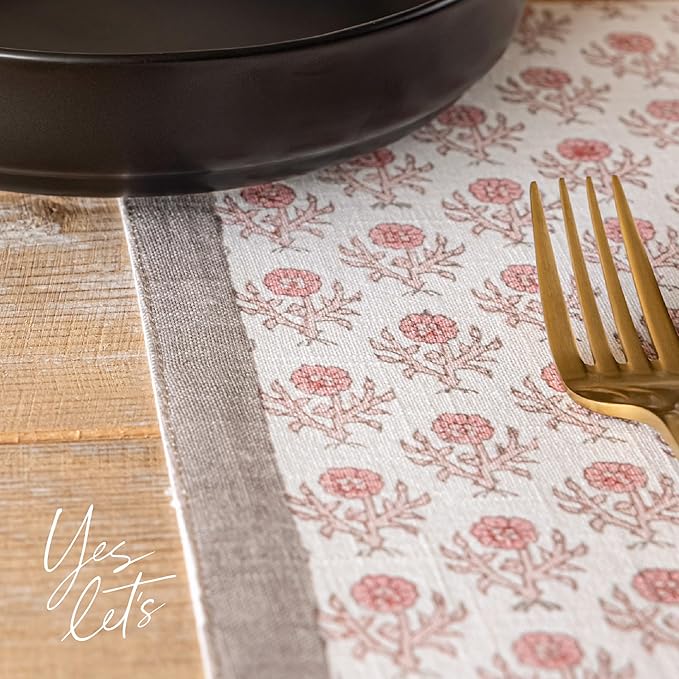 Over&Back Set of 4 Hand-Blocked Placemats - Colorful Dining Table Mat - Each Placemat is Unique - 100% Cotton - Machine Washable - Kitchen and Home Decor - Pink Blossom