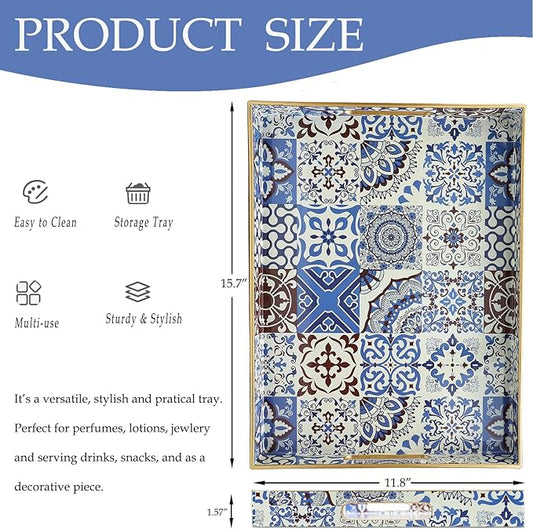 Spsyrine Decorative Serving Tray with Handles, Lacquered Coffee Table Tray for Ottoman, Rectangular Waterproof Platters for Centerpieces, Parties, Living Room, Kitchen Counter Organization SP3040RE1