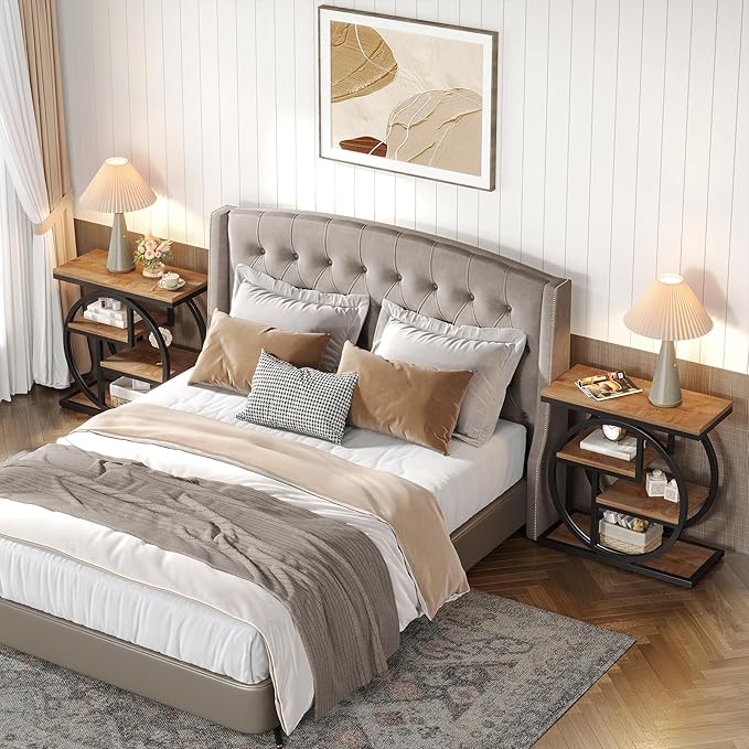 Tribesigns End Table Set of 2, 4-Tier Narrow Side Table with Storage Shelves, Wood Small Sofa Side Table with Geometric Metal Frame, Industrial Bedside Table for Bedroom, Living Room, Natural Brown