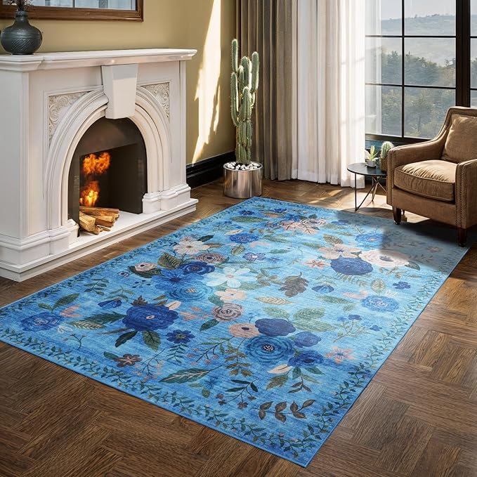 Floral Washable 6x9 Area Rugs, Soft Bedroom Rug for Living Room Ultra-Thin Non Slip Dining Room Rug, Stain Resistant Rugs Easy Clean Throw Carpet for Office(6 x 9, Blue Lawn)