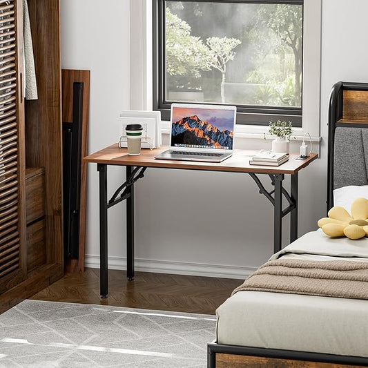 TEMI Small Computer Desk Folding Table - No Assembly, Compact 43.3" Foldable Desk with Power Outlets & USB Charging Port, Portable Small Office Desk, Ideal Mini Study Table for Narrow Spaces, Walunt