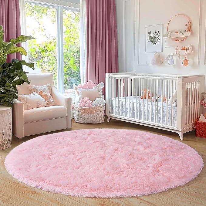 5'x5' Round Pink Rugs for Girls Bedroom, Ultra Soft Fluffy Circle Rug for Kids Room, Cute Shag Rugs for Living Room Playroom Tent Castle Home Decor Rug