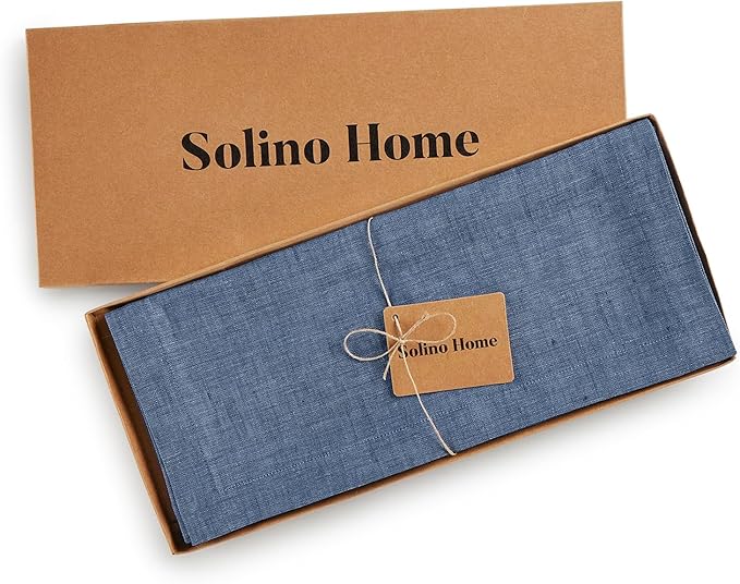 Solino Home Linen Table Runner 132 Inches Long - Athena, 100% Pure Linen Blue Denim Dining Table Runner 14 x 132 Inch for Christmas