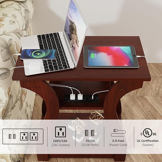 End Table with Charging Station, Side Table with USB Ports and Outlets, 3 Tier Nightstand Sofa Table for Small Spaces, Beside Table with Storage Shelf for Living Room, Bedroom