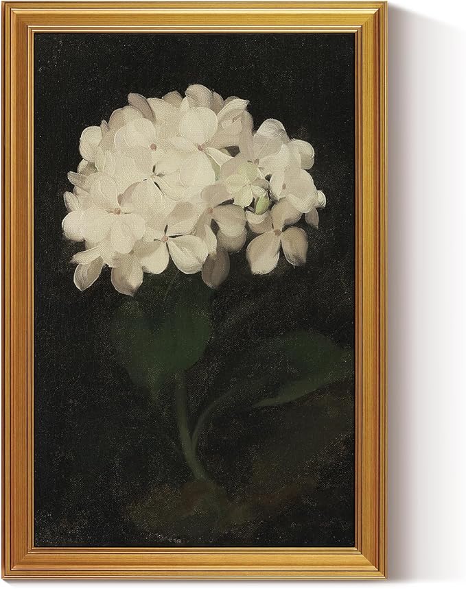 HUARCEY Gold Framed Vintage Wall Art for Living Room, Flowers Painting Canvas Print Shelf Decor for Kitchen, Aesthetic Bedroom Wall Art, Christmas Gifts for Friends or Family (White Hydrangea 24"x36")