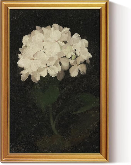 HUARCEY Gold Framed Vintage Wall Art for Living Room, Flowers Painting Canvas Print Shelf Decor for Kitchen, Aesthetic Bedroom Wall Art, Christmas Gifts for Friends or Family (White Hydrangea 24"x36")