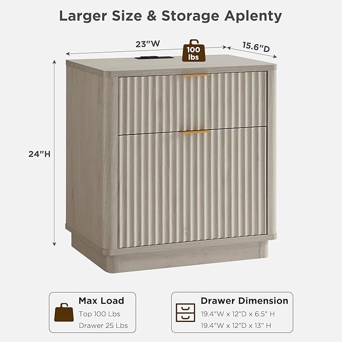 T4TREAM 23'' Fluted Nightstand with Charging Station, Large 2 Drawer Side Table, Modern End Table with Storage, Mid Century Bedside Table for Bedroom, Living Room, Curved Profile, White Alder