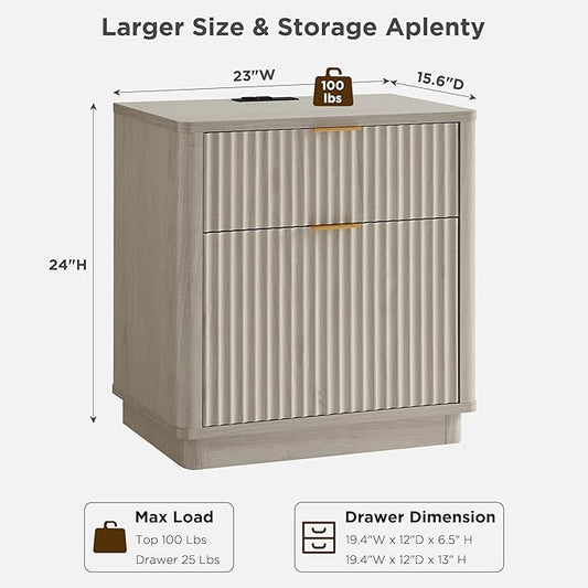 T4TREAM 23'' Fluted Nightstand with Charging Station, Large 2 Drawer Side Table, Modern End Table with Storage, Mid Century Bedside Table for Bedroom, Living Room, Curved Profile, White Alder