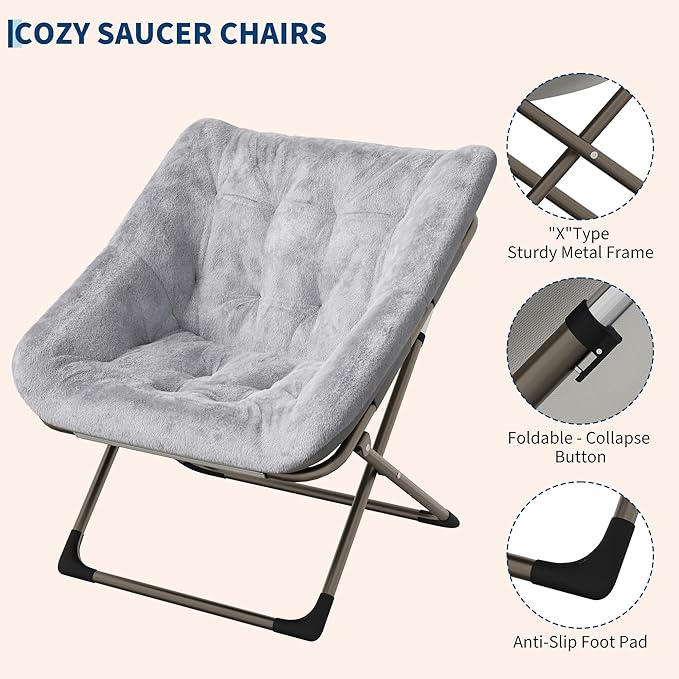 Folding Saucer Chair for Adults, Comfortable Living Room Lounge Chair with Soft Faux Fur Cushion, No Assembly Required, Foldable Accent Furniture for Apartments/Dorms/Bedrooms, Grey