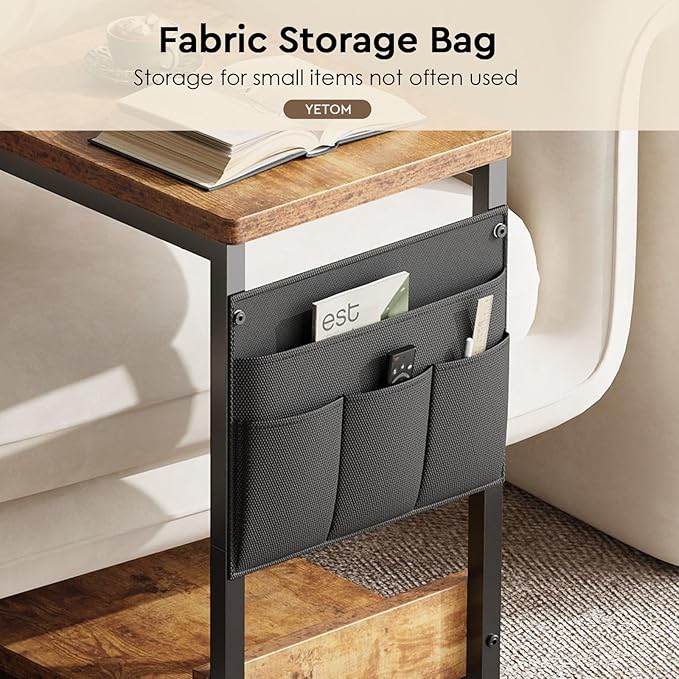 Side Table,C Table with 2-Tier Storage Shelf, End Table with a Storage Bag, Sofa Table with Wheels for Living Room, Bedroom, Office, Bathroom, Rustic Brown