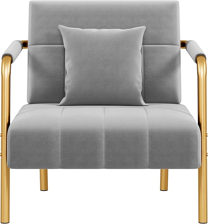 Yaheetech 30" W Accent Chair Velvet Oversized Armchair Living Room Chair with Golden Frame & Cozy Pillow for Living Room, Bedroom, Office Light Gray