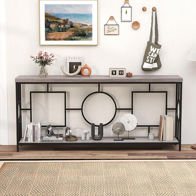 Giantex 71" Console Table, 2-Tier Extra-Long Entryway Table w/Storage Shelf, Faux Wood Top, Narrow Sofa Table with Geometric Frame, Behind Couch Entry Table for Living Room, Hallway, Foyer