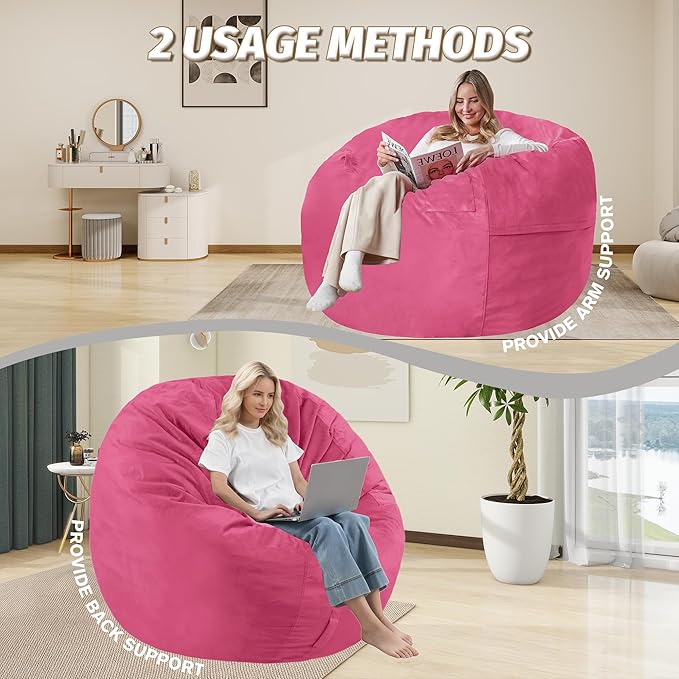 5FT Bean Bag Chair with Ultra Soft Velvet Cover Bean Bag Sofa with Memory Foam Bean Bag Chairs with Large Size Lazy Sofa for Dorm Office Living Room Bedroom Hot Pink 5'
