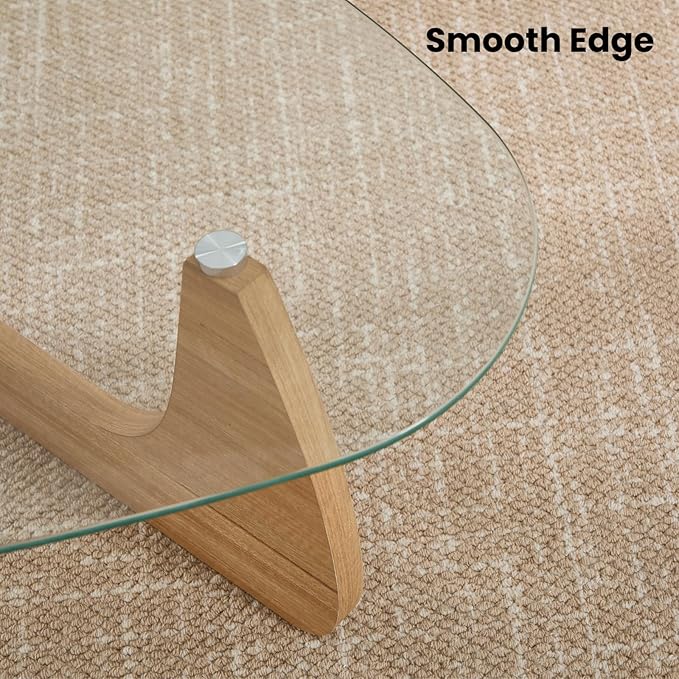 DUOMAY Modern Triangle Glass Coffee Table, 16 Inch High Glass Top Abstract Small End Table with Solid Natural Wood Base, Tea Table Suitable for Living Room, Office, Patio, Apartment, Brown Wood