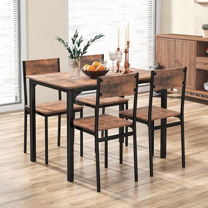 GOFLAME 5-Piece Dining Table Set, Industrial Kitchen Table and Chairs for 4 with Backrest and Metal Frame, Rectangular Space-Saving Dinette Set for Dining Room, Apartment, Small Space, Rustic Brown