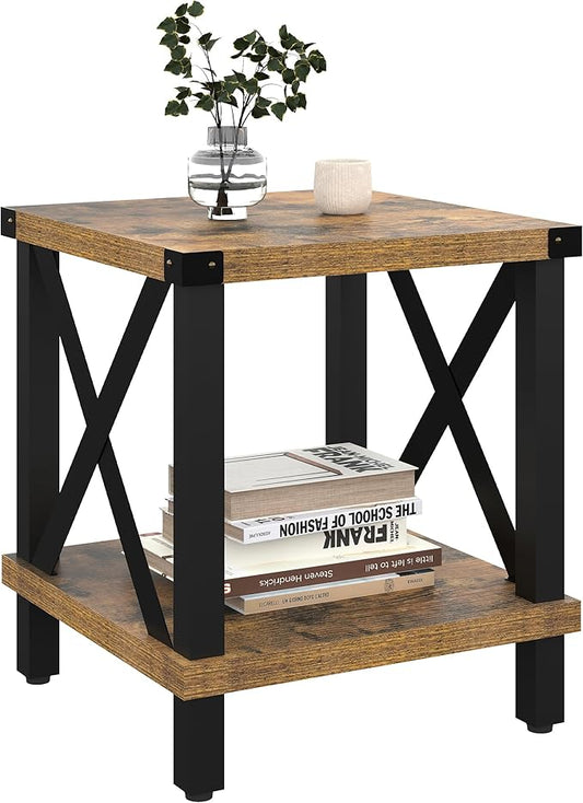 Large End Table Farmhouse Side Table Industrial Style Sofa Table Coffee Table Metal X Accent Wood End Table NightStand with Storage Shelf for Living Room Bedroom MLBZ16R