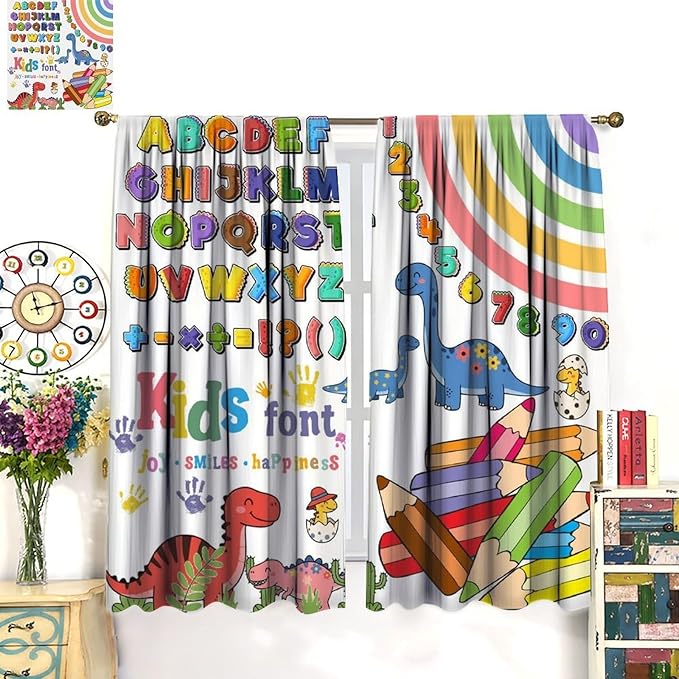 BAEKJIN Dinosaur Alphabet Curtains，Numeration Table and Catoon Dinosaur Pattern Print Decor Window Drapes for Kids Bedroom Living Room 42x45 Inch