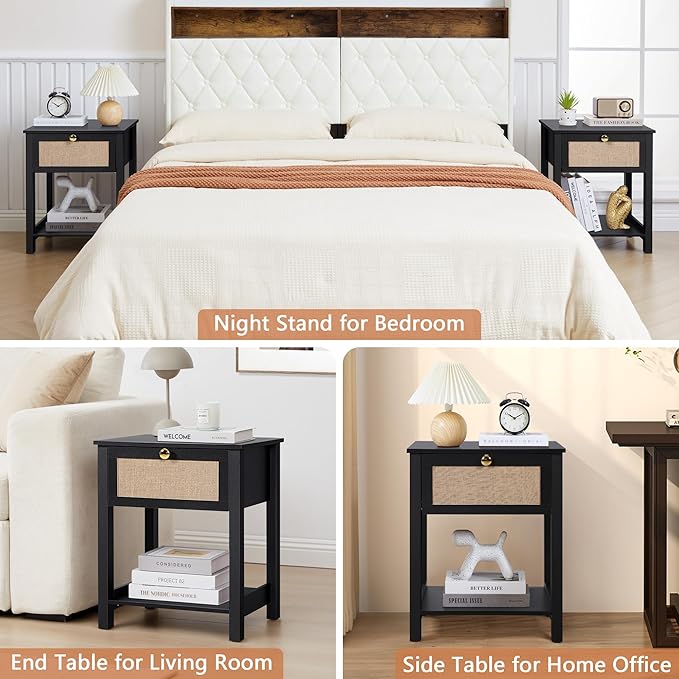 Wood Nightstand, 21.65" H End Table with Flax Finish, Modern Night Stands with Drawer, Farmhouse Bedside Table for Bedroom Living Room (Black)